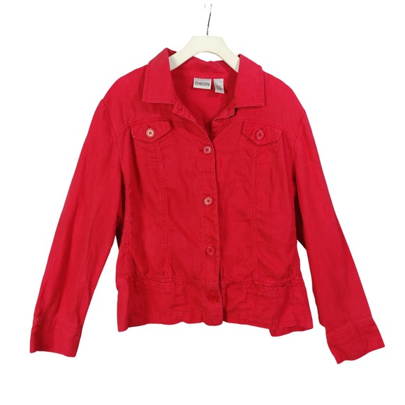 Chicos Womens 3 US XL Red 100% Linen Button Front Jacket Blazer Travel Resort - Picture 1 of 9